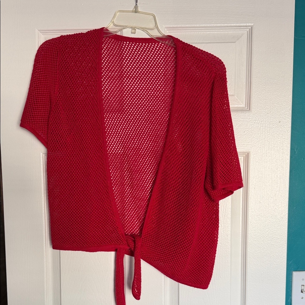 Alfred Dunner Red Open-Knit Tie-Front Short Sleeve Cardigan